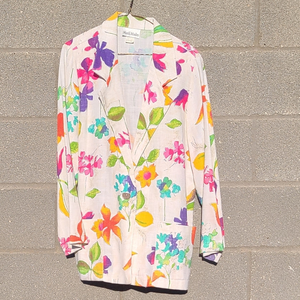 Vintage tweed multi-colored floral linen blazer womens